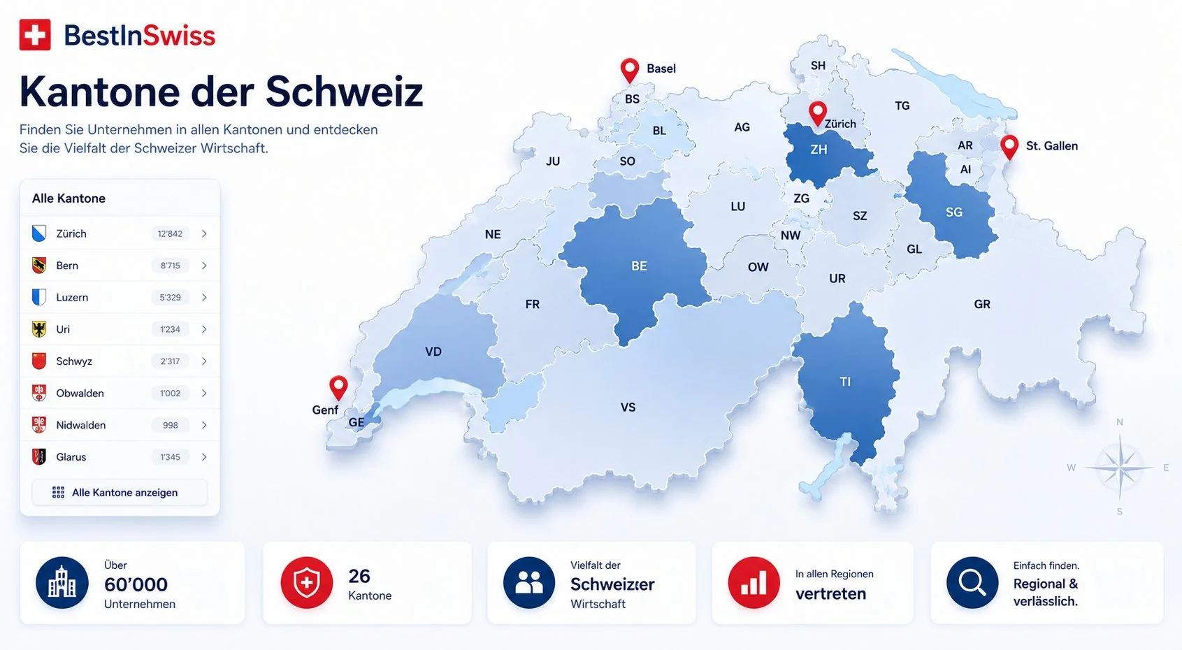 Karte der Schweizer Kantone und regionale Unternehmenssuche in der Schweiz